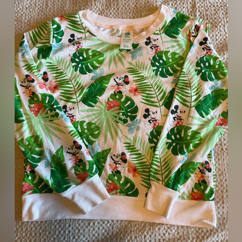 Disney Minnie Mickey Mouse Tropical Leaf Long Sleeve Pullover | US Medium